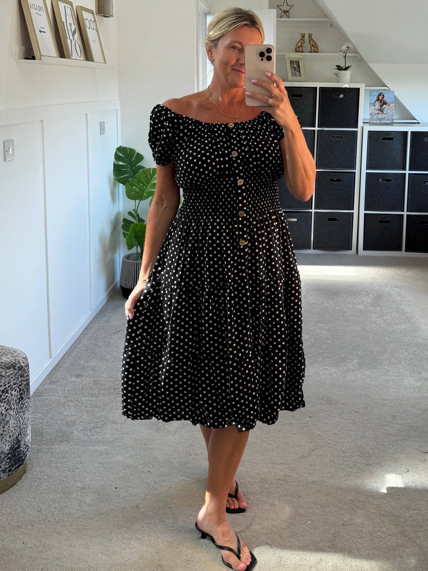 Black Polka Dot Bardot Midi Dress