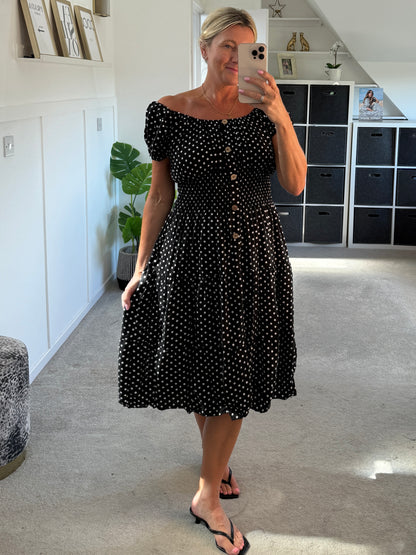 Black Polka Dot Bardot Midi Dress
