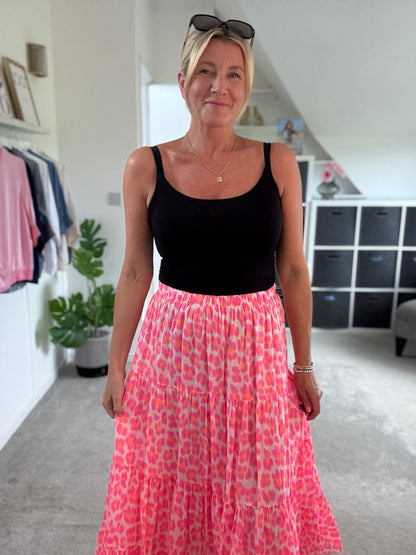 Neon Pink/Orange Leopard Tiered Cotton Skirt