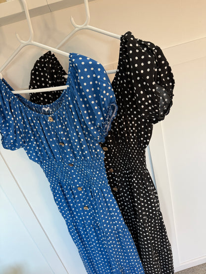 Black Polka Dot Bardot Midi Dress