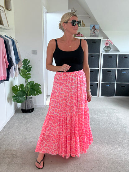 Neon Pink/Orange Leopard Tiered Cotton Skirt