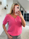 Bright Pink Fluffy S/S V Neck Jumper