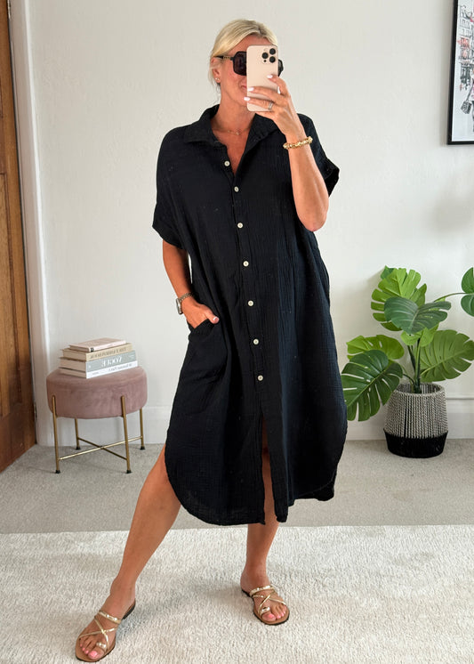 Black Cheesecloth Midi Shirt Dress