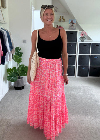 Neon Pink/Orange Leopard Tiered Cotton Skirt
