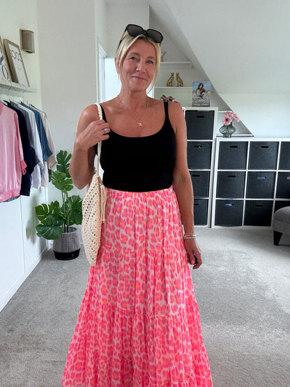 Neon Pink/Orange Leopard Tiered Cotton Skirt