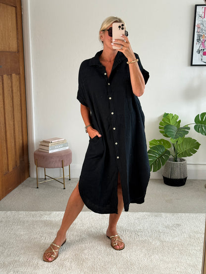 Black Cheesecloth Midi Shirt Dress
