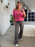 Bright Pink Fluffy S/S V Neck Jumper