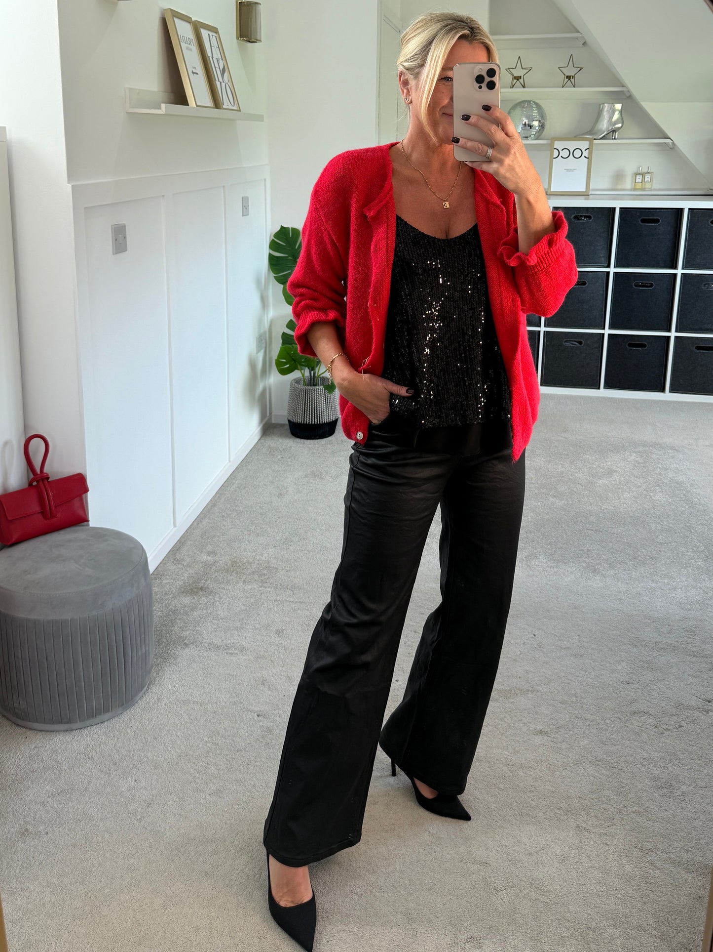 Red Alpaca Mix Frill Sleeve Cardigan