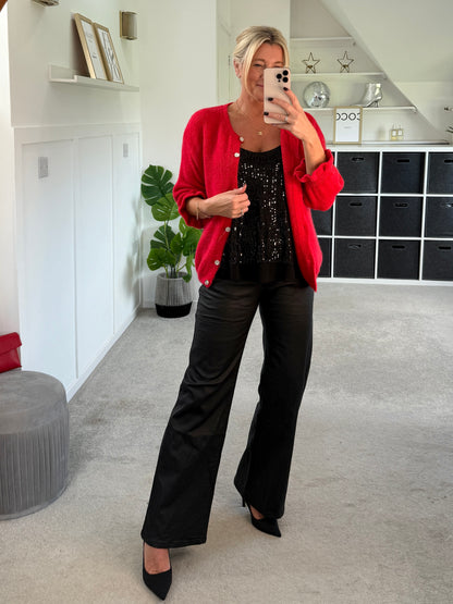 Red Alpaca Mix Frill Sleeve Cardigan