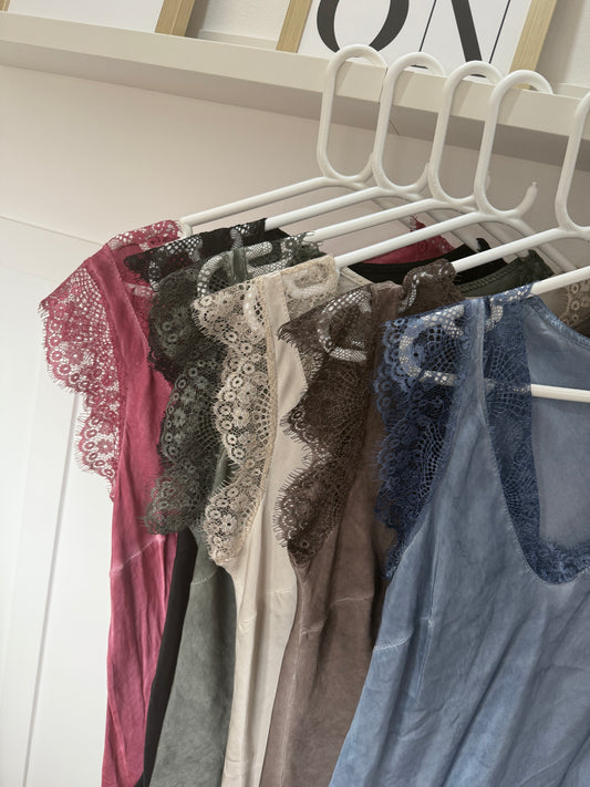 Satin/Lace V Neck Top