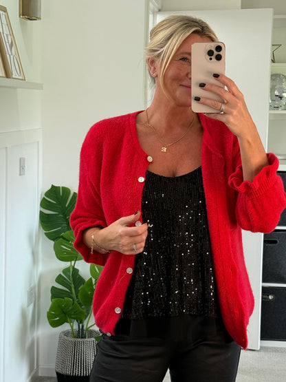 Red Alpaca Mix Frill Sleeve Cardigan