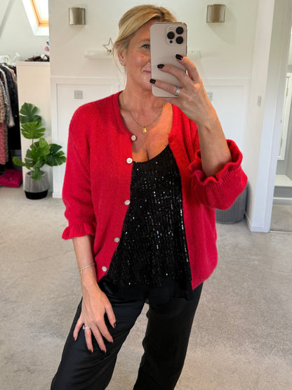 Red Alpaca Mix Frill Sleeve Cardigan