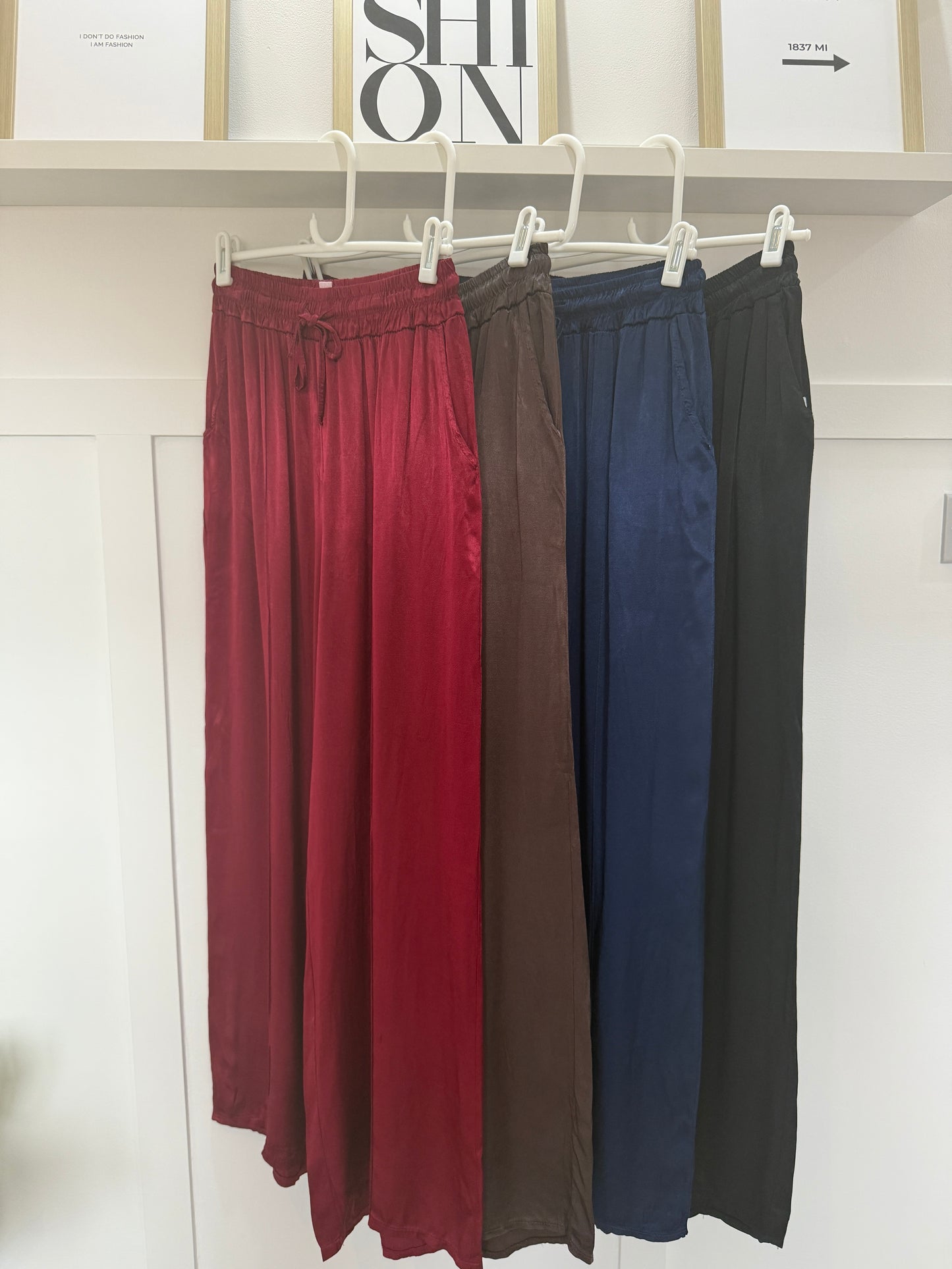 Emy Burgundy Satin Wide Leg Trousers