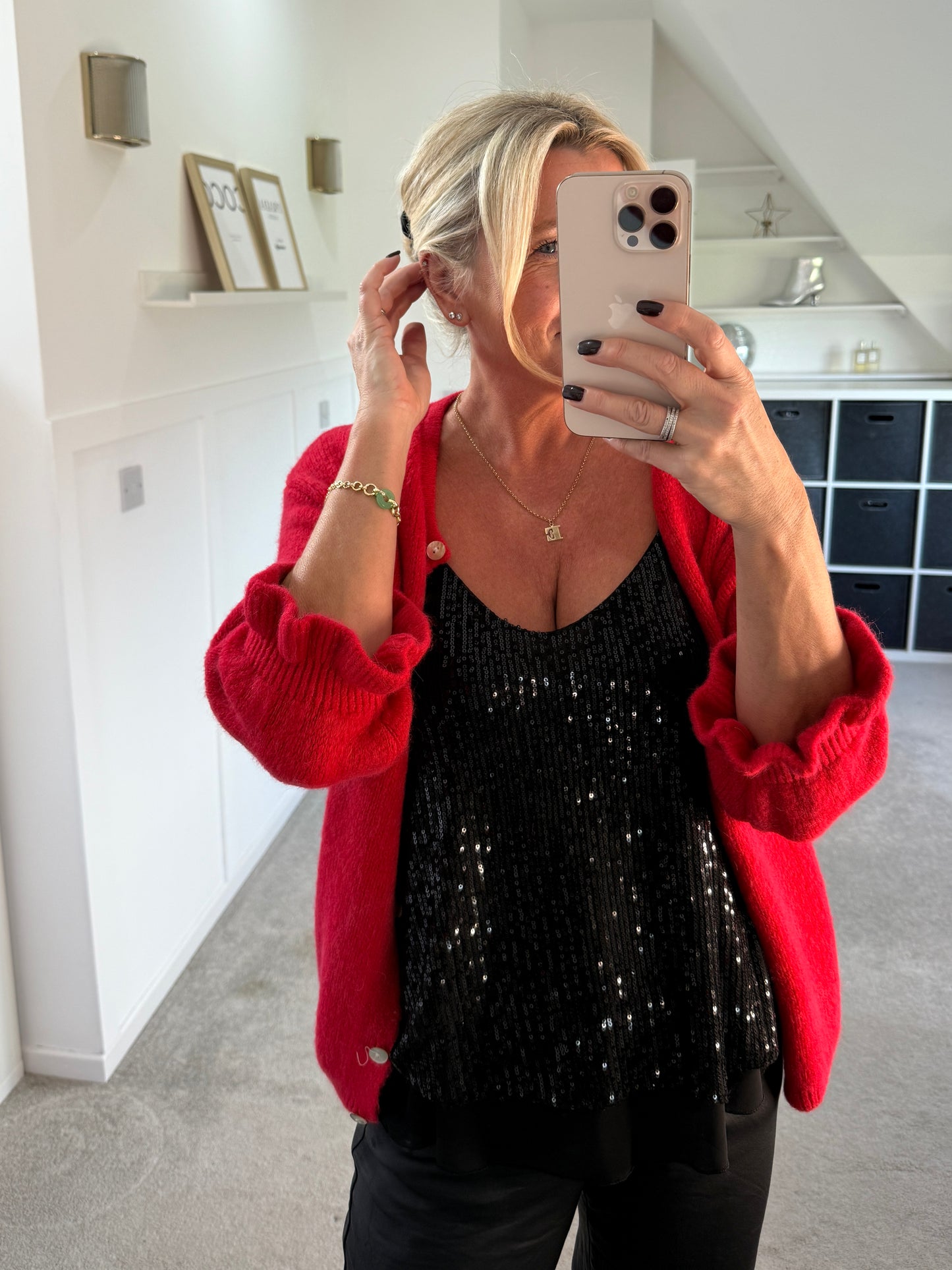 Red Alpaca Mix Frill Sleeve Cardigan