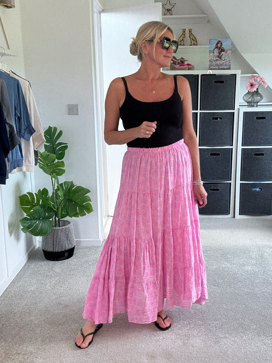 Pink/Lilac Leopard Tiered Cotton Skirt