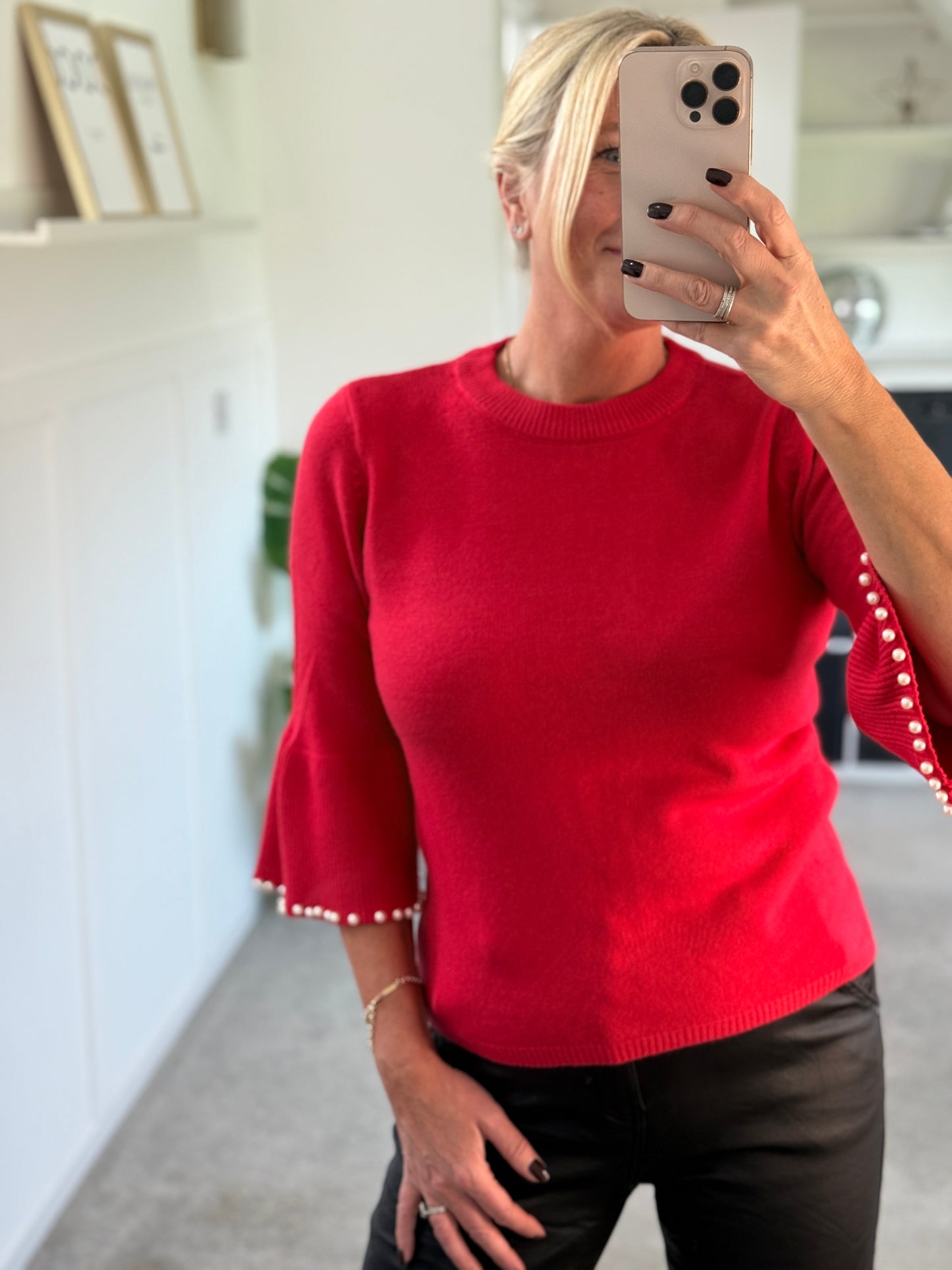 Red Pearl Flute Sleeve Jumper