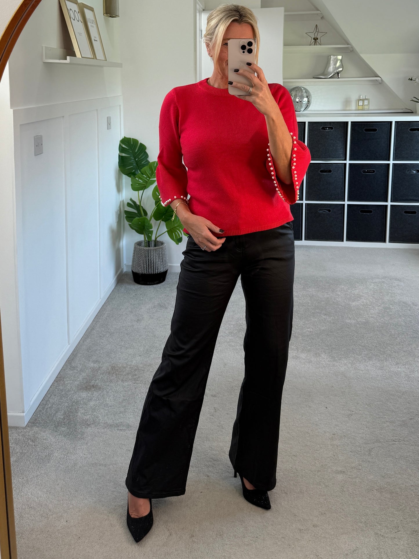 Red Pearl Flute Sleeve Jumper