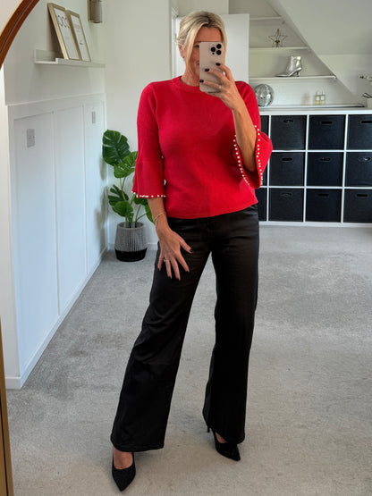 Red Pearl Flute Sleeve Jumper