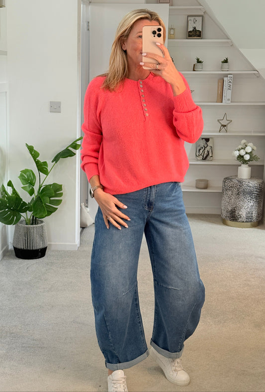 Neon Coral Alpaca Mix Button Jumper