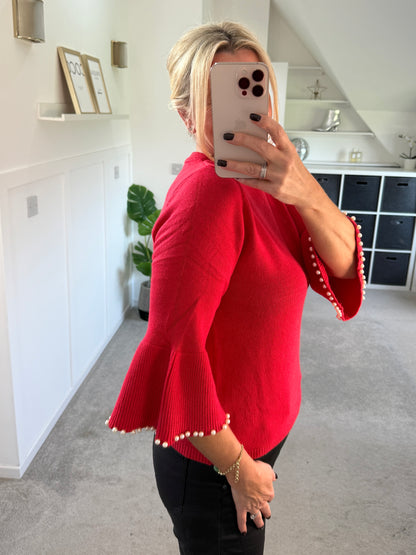 Red Pearl Flute Sleeve Jumper
