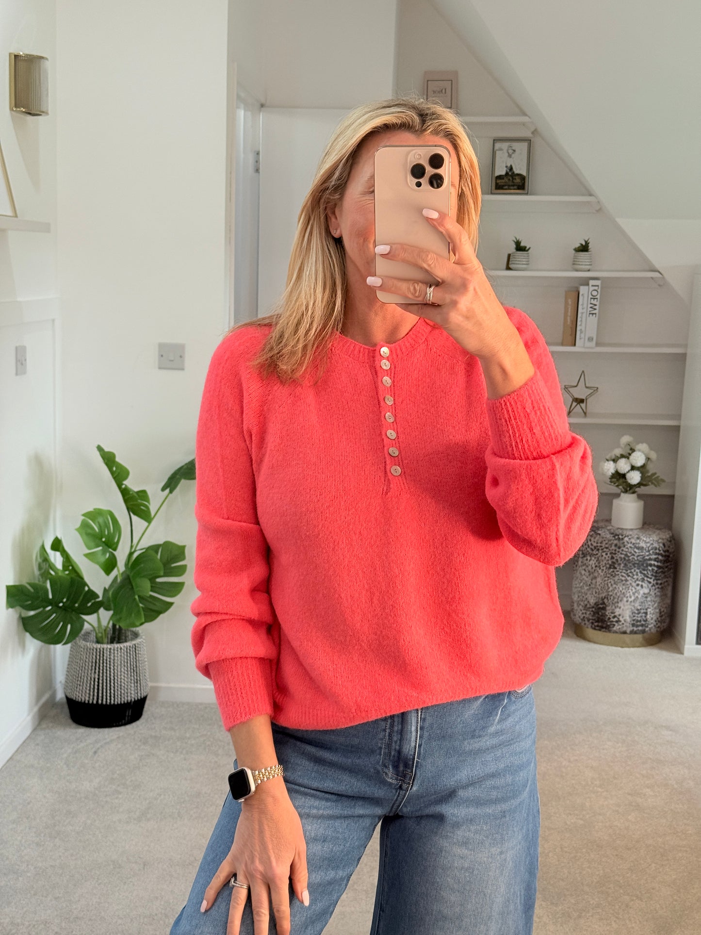 Neon Coral Alpaca Mix Button Jumper