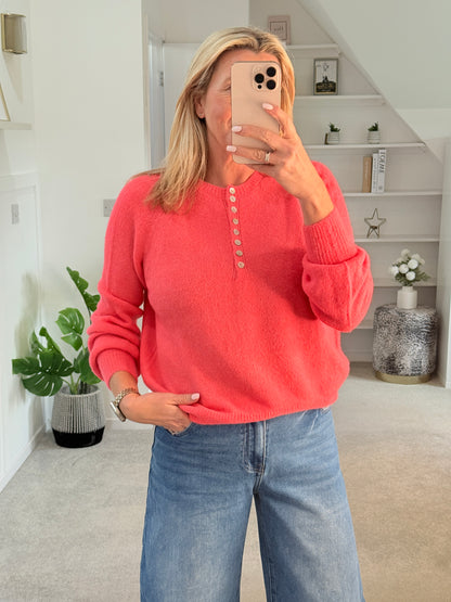 Neon Coral Alpaca Mix Button Jumper
