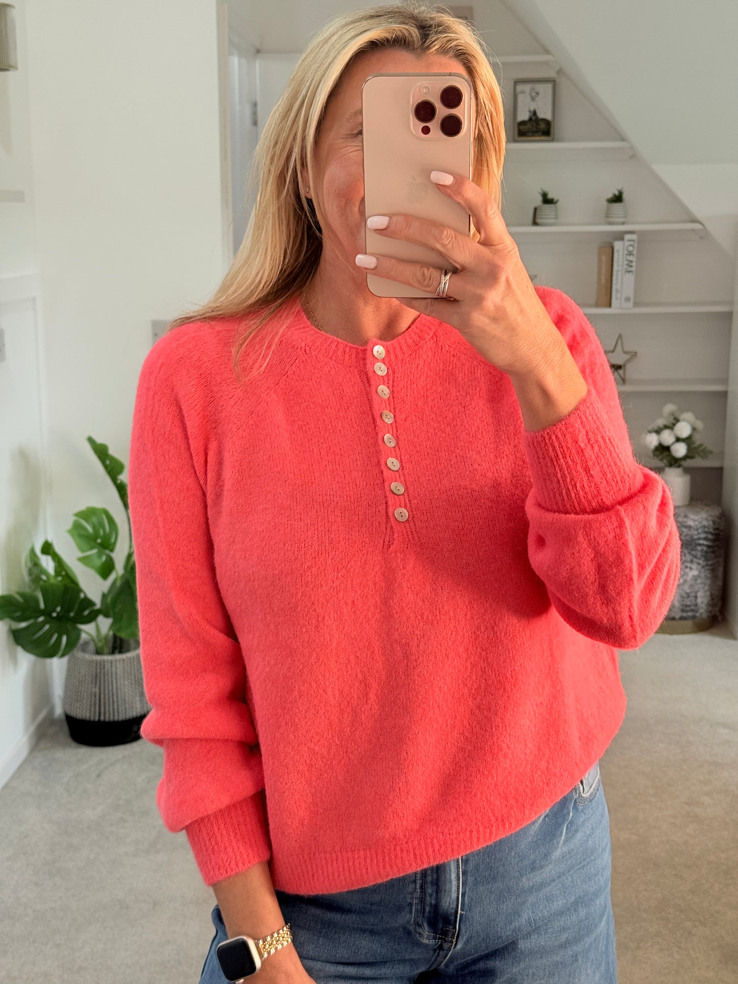 Neon Coral Alpaca Mix Button Jumper