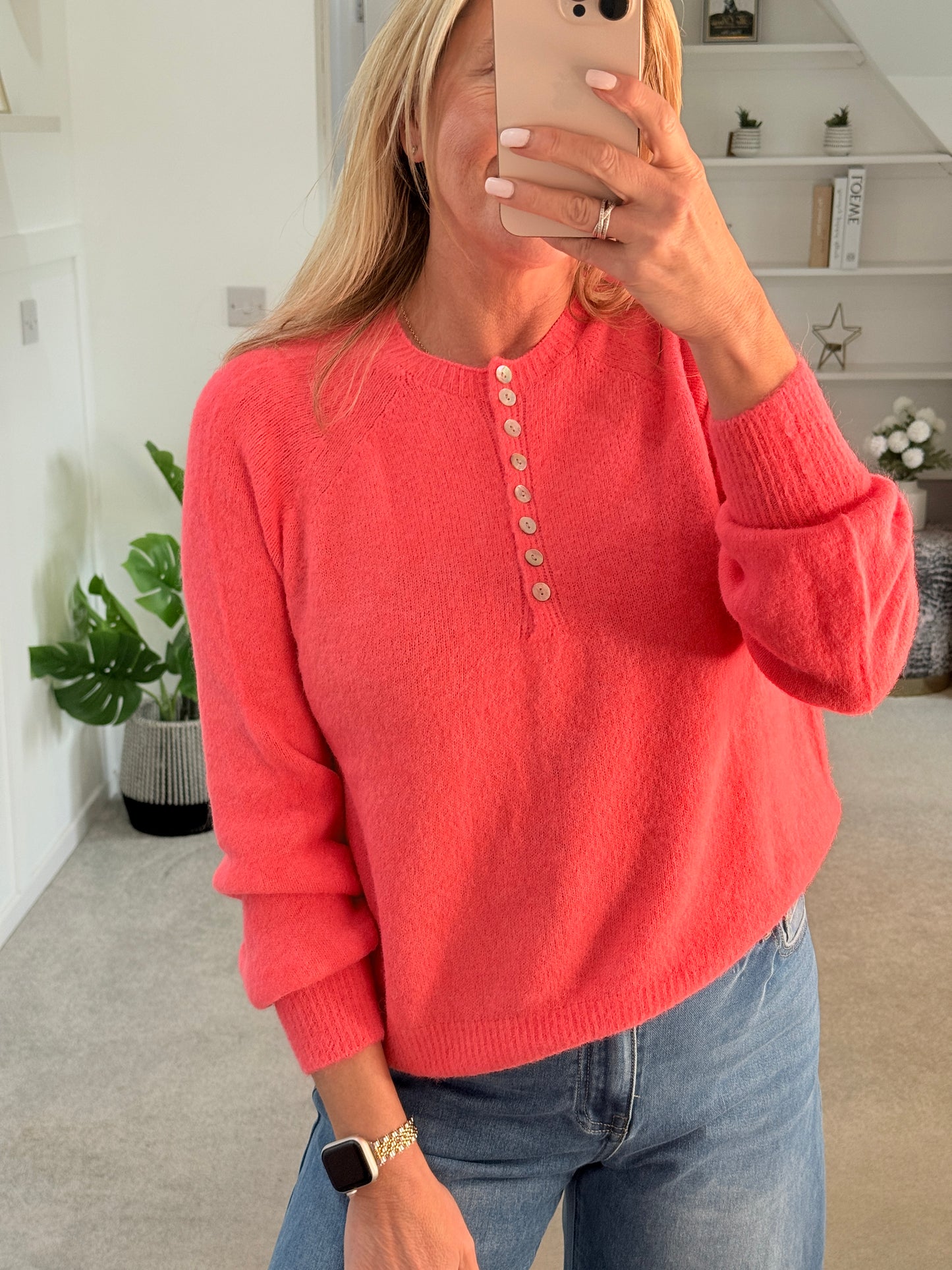 Neon Coral Alpaca Mix Button Jumper