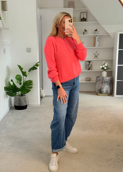 Neon Coral Alpaca Mix Button Jumper