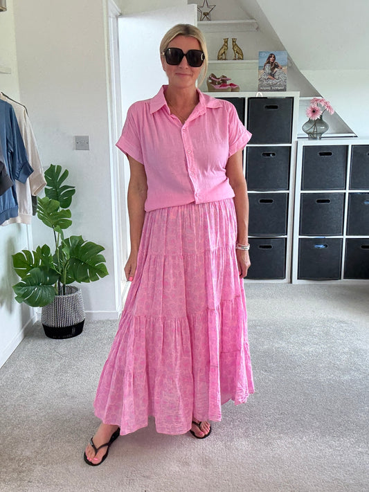 Pink/Lilac Leopard Tiered Cotton Skirt
