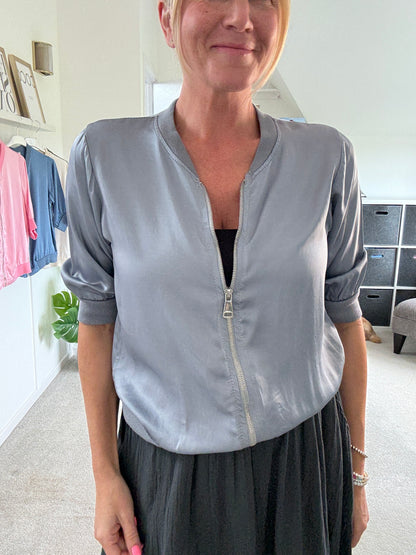 Silver Grey Silk Mix 1/2 Sleeve Bomber Jacket