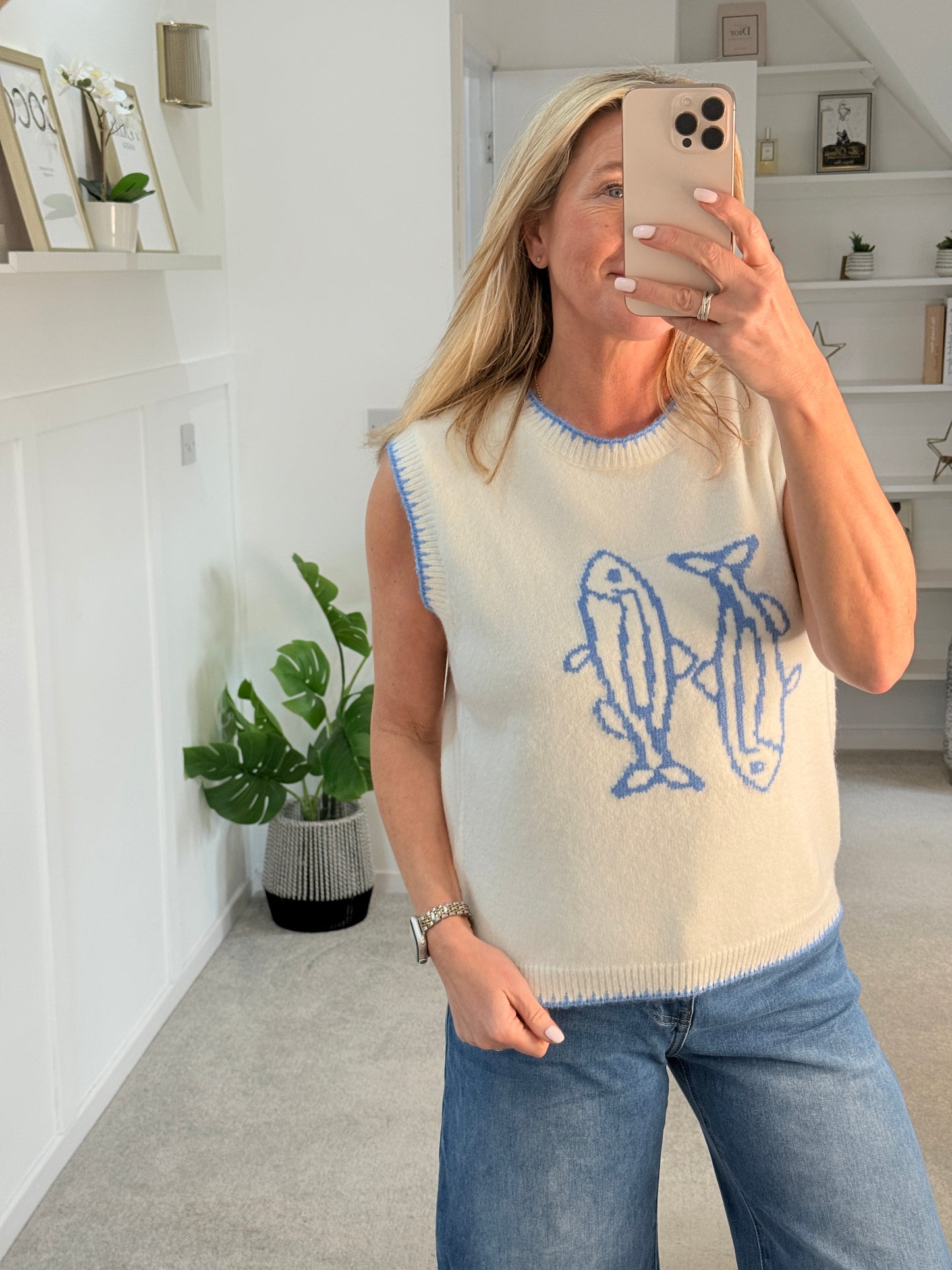 Cream/Blue Fish Motif Tank Top