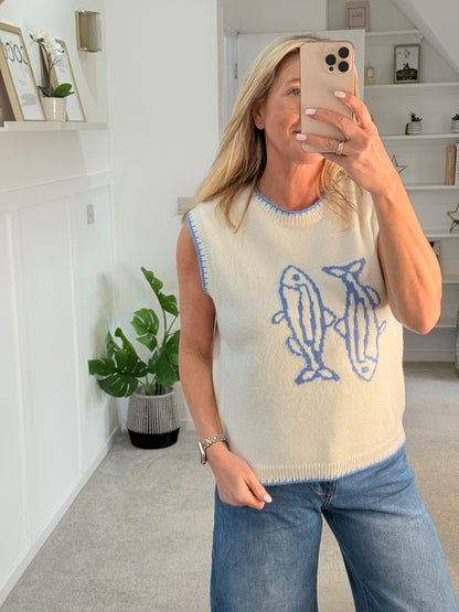 Cream/Blue Fish Motif Tank Top