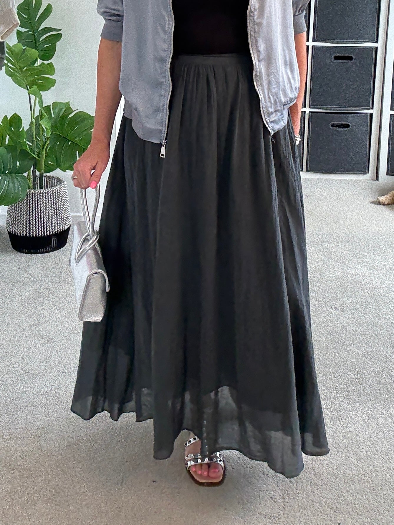 Charcoal Grey Cotton Pocket Maxi Skirt