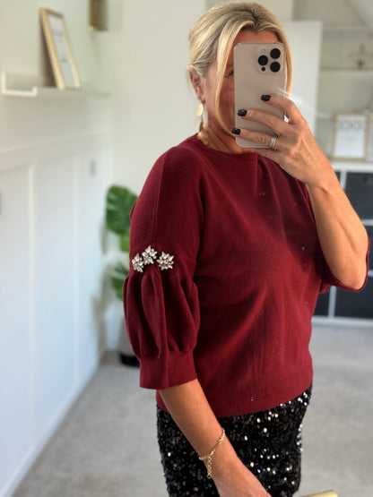Burgundy Diamanté Sleeve Jumper