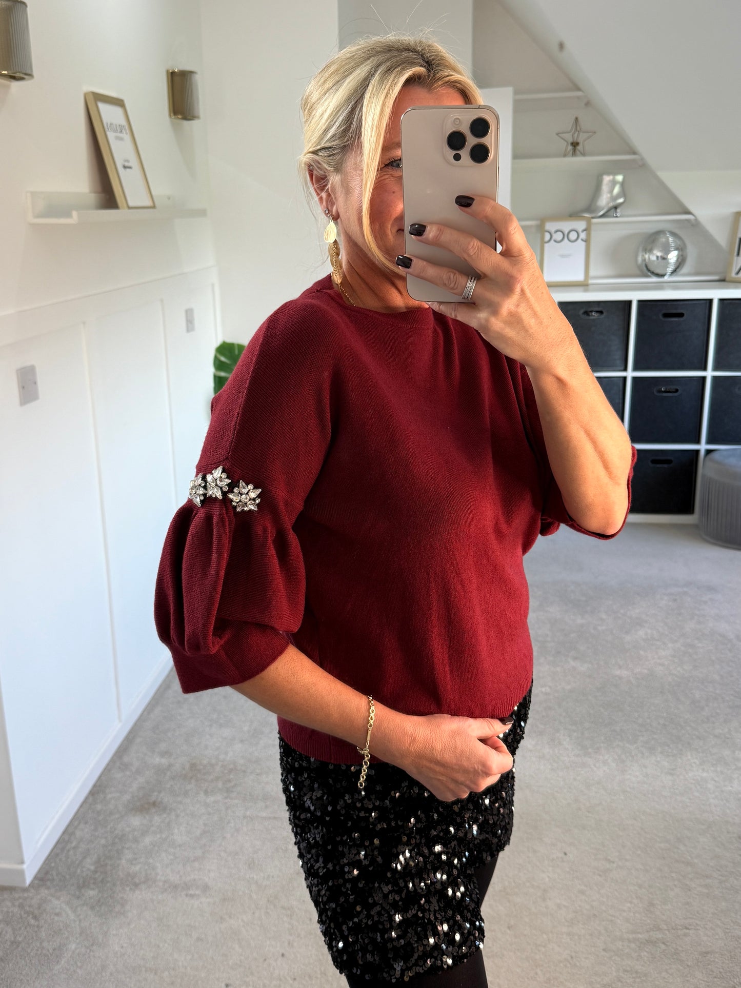 Burgundy Diamanté Sleeve Jumper