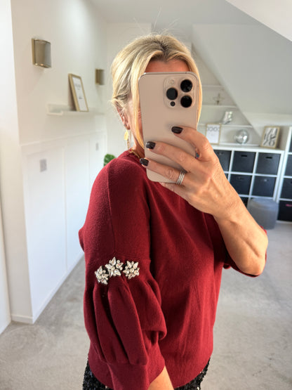 Burgundy Diamanté Sleeve Jumper