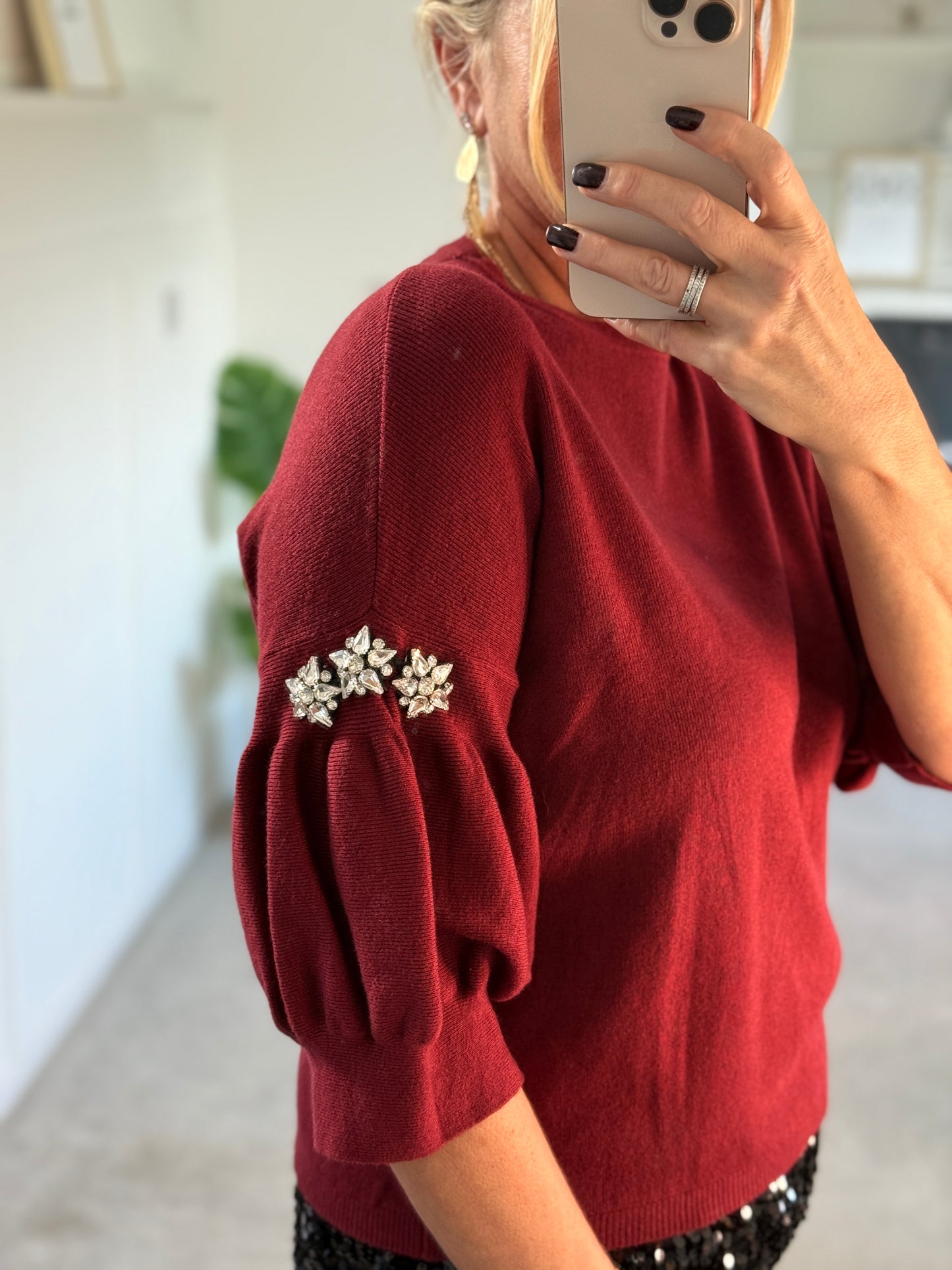 Burgundy Diamanté Sleeve Jumper