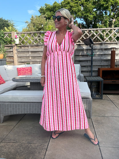 Pink/Red Stripe Cheesecloth Frill Sleeve Maxi Dress (Pre-Order)