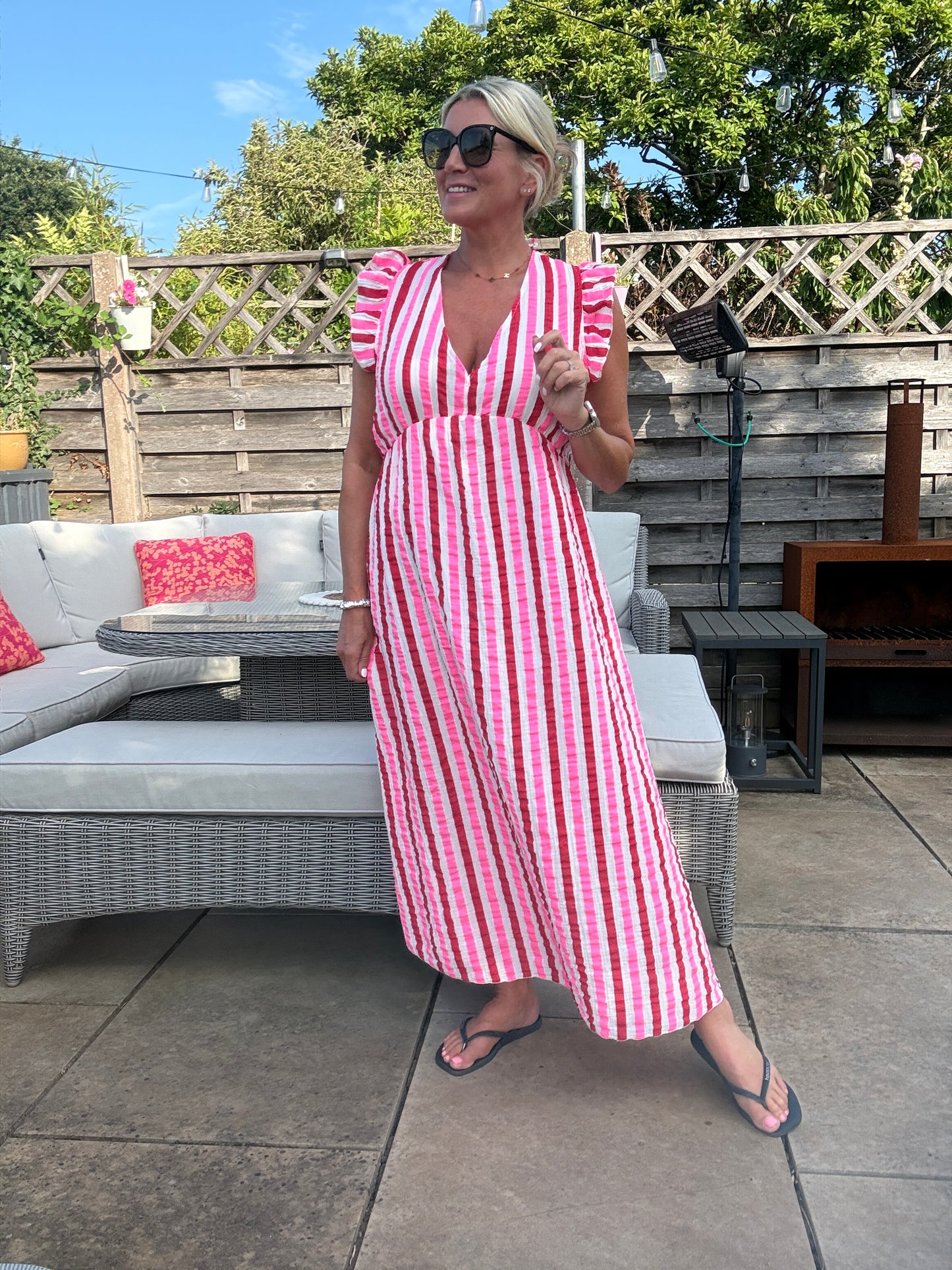 Pink/Red Stripe Cheesecloth Frill Sleeve Maxi Dress (Pre-Order)