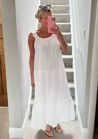 White Frill Shoulder Cheesecloth Dress