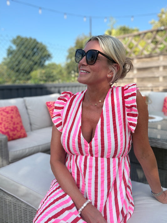 Neon Pink/Red Stripe Cheesecloth Frill Sleeve Maxi Dress