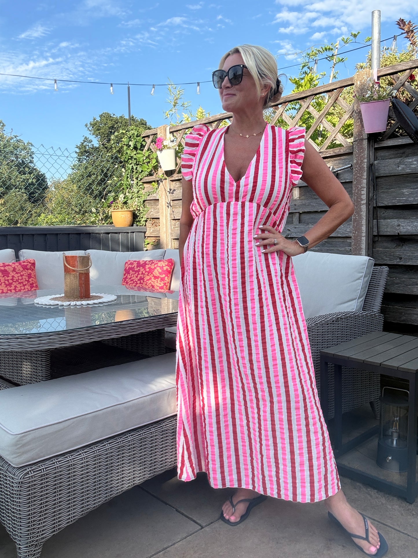 Pink/Red Stripe Cheesecloth Frill Sleeve Maxi Dress (Pre-Order)