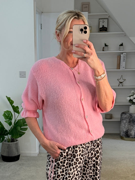 Pink Alpaca Mix Frill Sleeve Cardigan