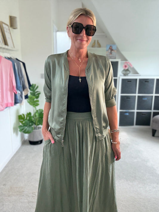 Khaki Silk Mix 1/2 Sleeve Bomber Jacket
