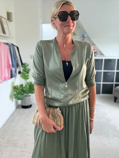 Khaki Silk Mix 1/2 Sleeve Bomber Jacket
