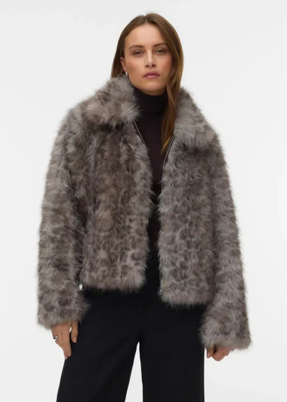 Lila Grey Leopard Faux Fur Jacket
