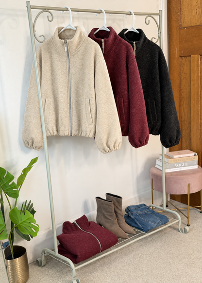 Burgundy Brushed Funnel Neck Zip Jacket