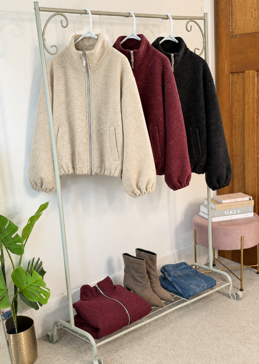 Burgundy Brushed Funnel Neck Zip Jacket