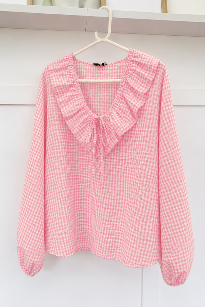 Pink Gingham Ruffle Blouse